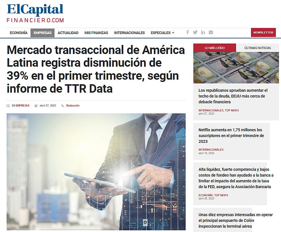 Mercado transaccional de Amrica Latina registra disminucin de 39% en el primer trimestre, segn informe de TTR Data